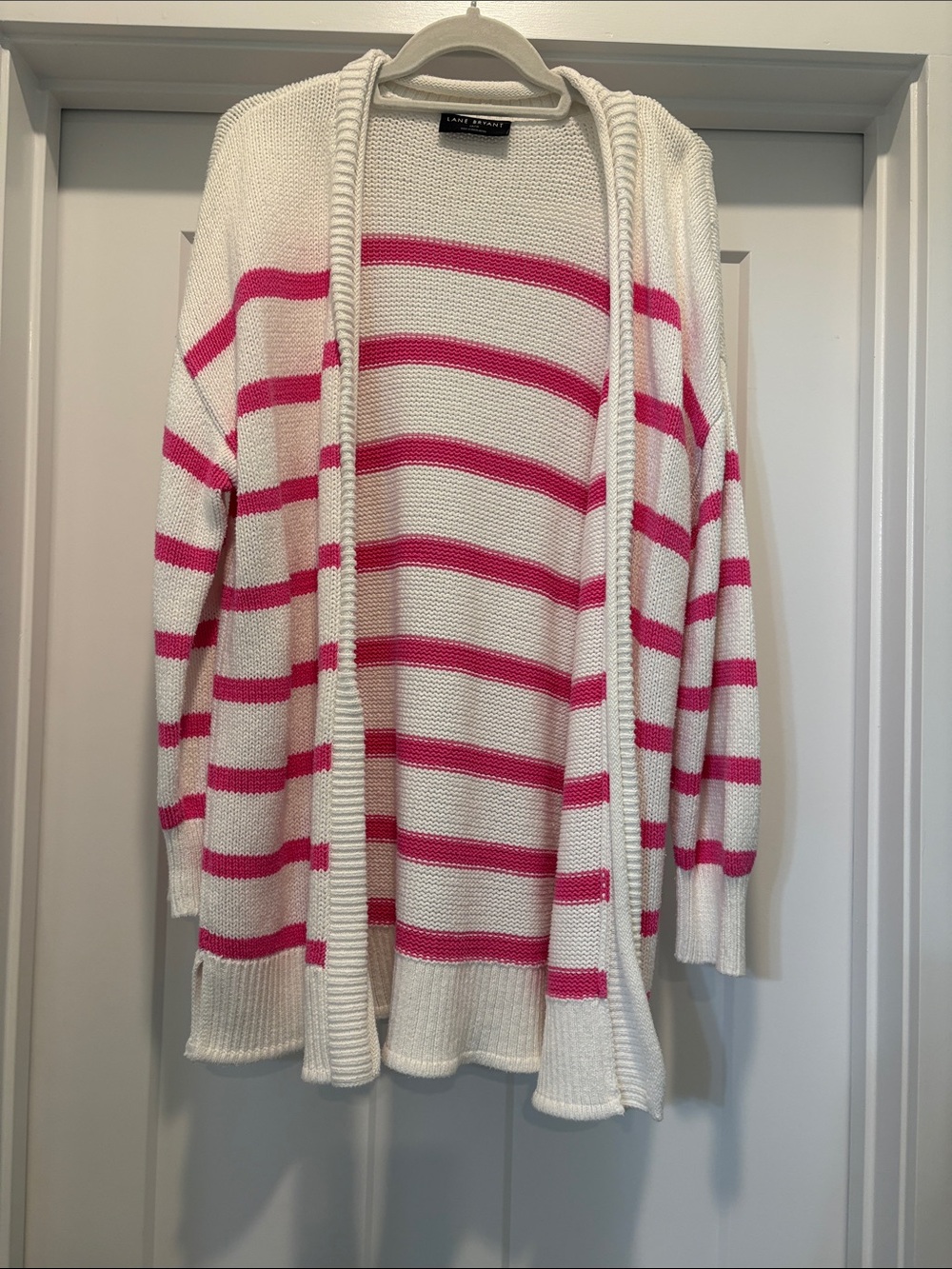 Lane Bryant White and Pink Striped Open-Front Cardigan